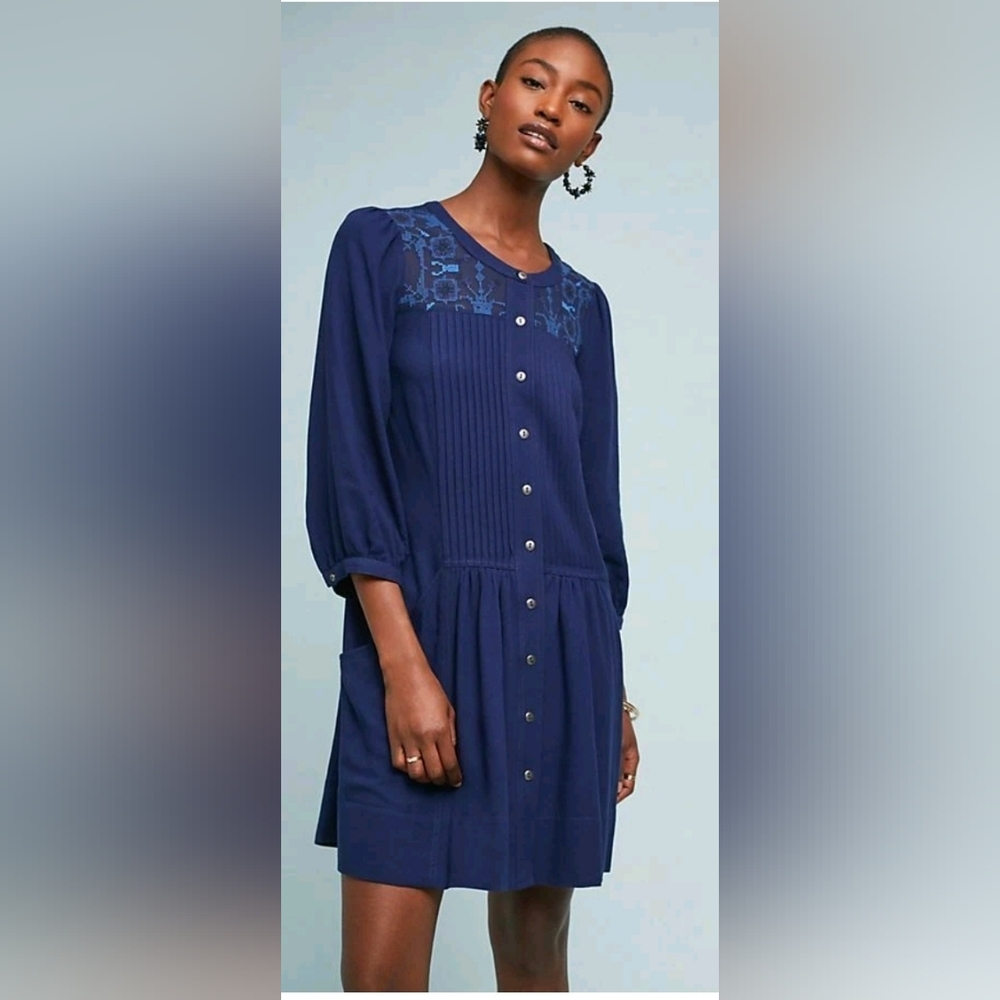 Anthropologie DuboisEmbroidered Tunic DressSize 12Blue Motif100% Rayon Boho Boho